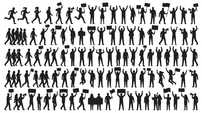 Crowd of people silhouettes in various poses including protesting running marching and celebrating