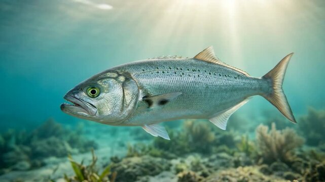 bluefish underwater close up in north atlantic ocean morning light background video