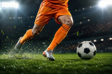 Fototapeta premium Orange Jersey Soccer Sprint Past Ball on Illuminated Stadium Grass for Sports School and Web Header Design