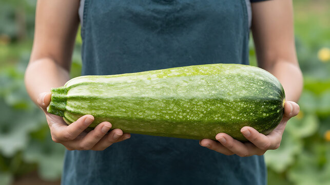 Person holding a large green zucchini in their hands in a garden
