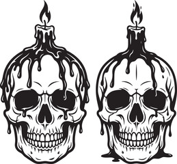 Fototapeta premium Silhouette black vector skull with melting candle wax on top isolated on white background gothic style design silhouette halloween