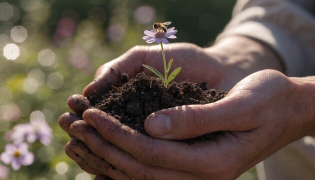 Close up of cupped hands holding rich dark soil while watching a tiny honey bee pollinate a vibrant yellow wildflower in a sunlit field, symbolizing environmental conservation and biodiversity.