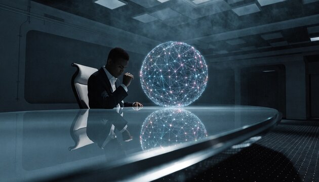 Professional unrecognizable CEO interacting with and analyzing a complex glowing artificial intelligence hologram in a dark modern office, symbolizing futuristic data management and innovation.