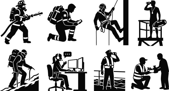 Emergency services and rescue worker icon set with firefighter paramedic lifeguard and dispatcher isolated on white background