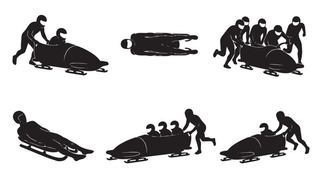 Silhouettes of bobsleigh and luge athletes pushing and racing sleds for winter sports competition icon set