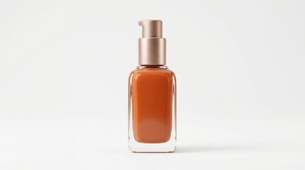 Naklejka premium Minimalist Glass Bottle with Pump Dispenser Containing Orange Liquid on White Background