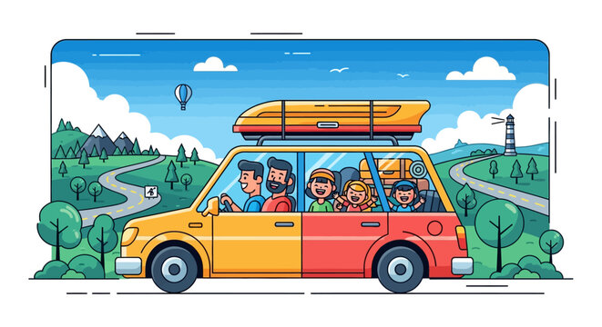 Family Road Trip Adventure: Happy People Traveling in a Car with Luggage