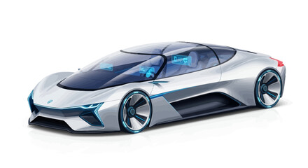 Fototapeta premium Futuristic concept car, silver, aerodynamic, sleek, modern, electric, white background