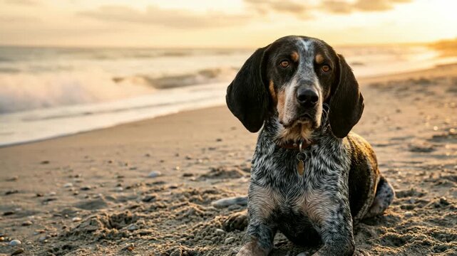 bluetick coonhound at outer banks beach usa close up golden light video