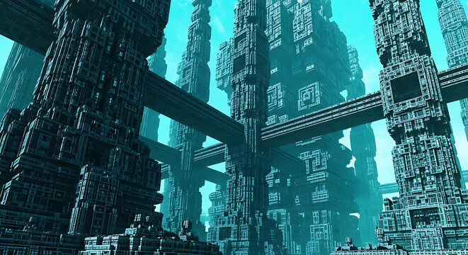 Futuristic cyberpunk mega structure cityscape with massive intricate towers and bridges sci fi cyberpunk structure futuristic architecture megastructure building intricate dystopian abstract