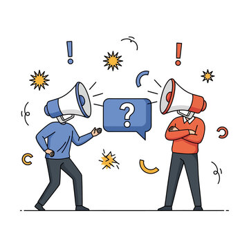 Megaphone heads debating with question mark icon, concept of disagreement illustration