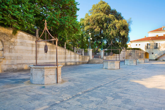 THE MEDIEVAL SQUARE OF THE FIVE WELLS IN ZADAR CITY, one of the most famous square in Zadar city - (Europe, Zadar, Croatia) - No people in the shot