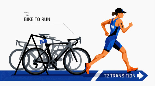 Triathlon T2 transition from cycling to running with athlete in motion and bicycles in minimalist flat illustration style Asian Games Concept, 2026