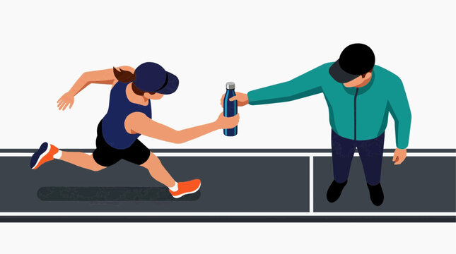 Runner receiving water bottle from helper during athletic competition in minimalist flat illustration style Asian Games Concept, 2026