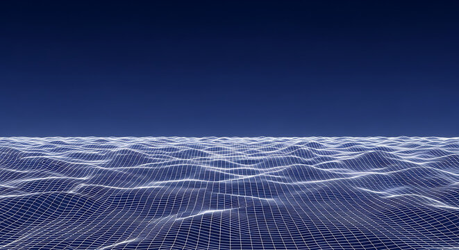 Abstract wireframe landscape showing glowing terrain lines on a dark blue background with wireframe landscape abstract geometry technology environment illustration computer structure
