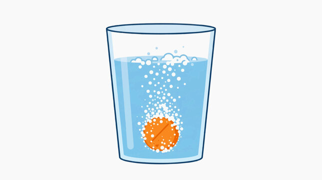 Orange effervescent tablet dissolving in a glass of water creating bubbles and fizzing with a minimalist flat illustration style Asian Games Concept, 2026