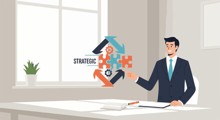 Naklejka premium Businessman presenting strategic planning with puzzle pieces