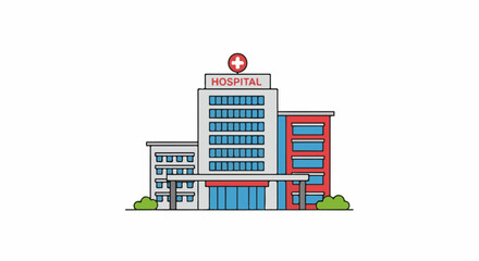 Fototapeta premium Colorful hospital building with red cross sign and blue windows