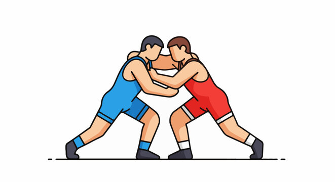 Two men in wrestling uniforms engaged in a match