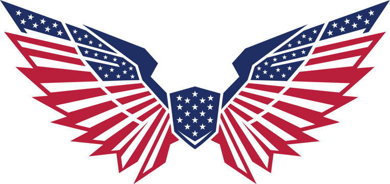 Sharp geometric vector illustration of stylized eagle wings featuring the bold red white and blue colors of the american flag combined with a central shield emblem for patriotic design projects