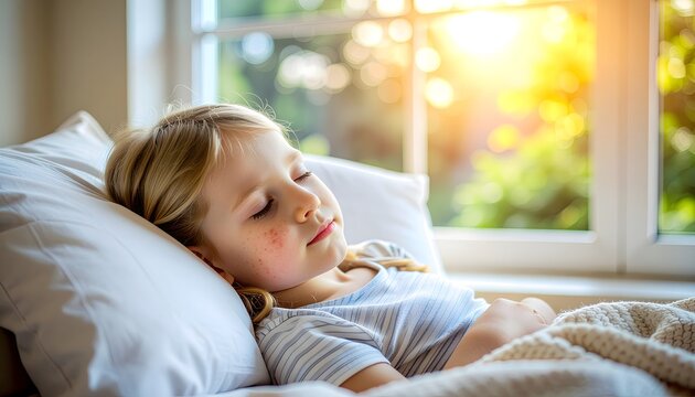 A sick little girl with a red spot rash on her face sleeping in bed by a sunny window, representing childhood measles infection, viral disease symptoms, fever, and pediatric healthcare.