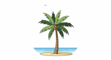 Fototapeta premium A cartoon palm tree on a small island with a bird flying above