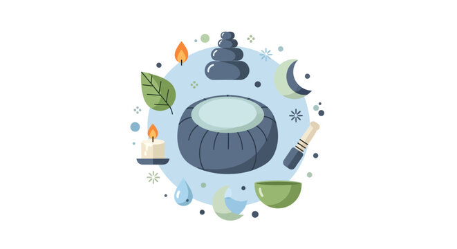 Flat Vector Illustration of Meditation and Spa Wellness Icons with Zafu Cushion, Zen Stones, and Singing Bowl