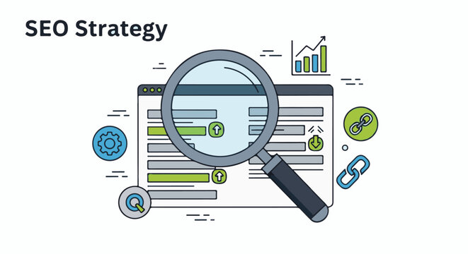 SEO strategy concept with magnifying glass on webpage