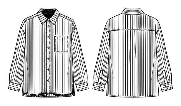 Basic striped shirt technical fashion illustration, classic button-down with cuffed long sleeves, relaxed fit, front and back views, white background, women men unisex CAD mockup