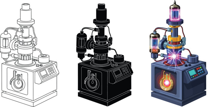 Detailed vector illustration of a scanning electron microscope presented in outline silhouette and full-color versions ideal for scientific research and advanced technology concepts