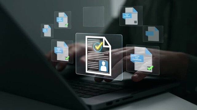 Concept of Human Resources ,election and online application screening process.Business professional reviewing digital CV on a laptop, analyzing candidate profiles for recruitment and hiring decisions.