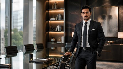 Plakat Confident businessman in a suit standing in a modern boardroom with city view