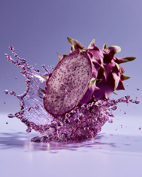dragon fruit splashing on purple studio background