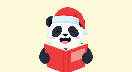 Fototapeta premium Adorable panda bear wearing a red santa claus hat reads a book intently during the festive winter holiday season indoors.