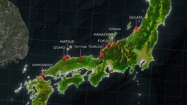 Sea of Japan Coast Cities Map Animation &ndash; Shimonoseki to Niigata, Japan