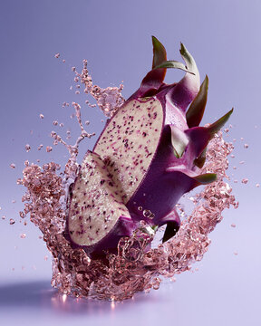 dragon fruit on purple background with splashes