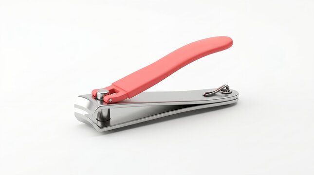 Close-up of a red-handled nail clipper against a clean white background, isolated object
