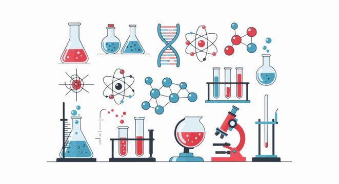 Colorful illustration of various laboratory equipment and scientific symbols