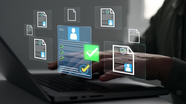 Concept of Human Resources ,election and online application screening process.Business professional reviewing digital CV on a laptop, analyzing candidate profiles for recruitment and hiring decisions.