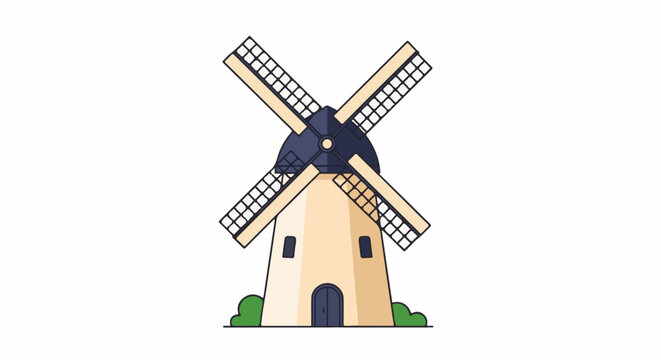 A cartoon-style illustration of a traditional windmill with a beige body, dark blue roof and blades