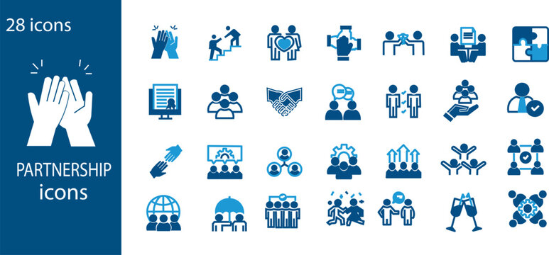 Friendship icon set. including agreement, plan, teamwork, synergy, success and win-win solution. partnership elements in blue and black flat design style
