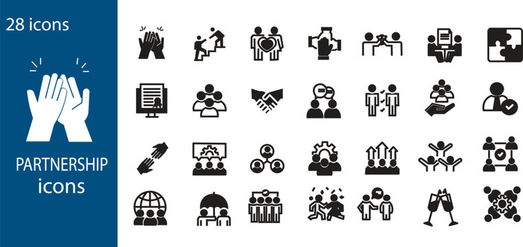 Friendship icon set. including agreement, plan, teamwork, synergy, success and win-win solution. partnership elements in blue and black flat design style
