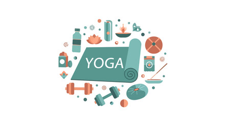 Fototapeta premium Wellness and Yoga Fitness Concept Illustration with Exercise Equipment, Mat, Lotus, and Meditation Tools in Minimalist Flat Design