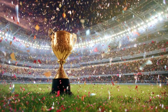 Golden trophy cup on football stadium grass field with falling confetti celebration, Champion gold trophy in crowded stadium under bright spotlights, victory celebration concept.