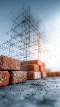 Red bricks stacked on a construction site with digital blueprint overlay showcasing the conceptual framework of a modern building project at sunrise