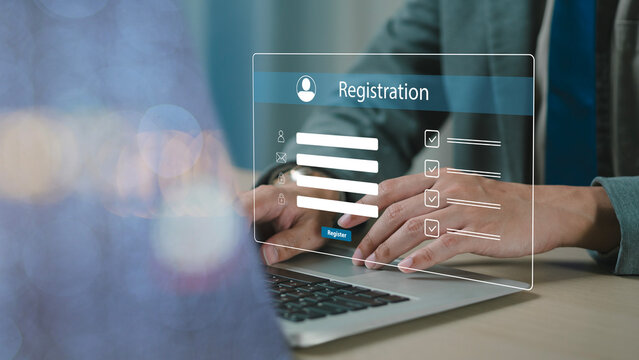 Business owners complete online surveys, register via online registration forms, register new users, and fill out application forms with personal information to create an account on the website.