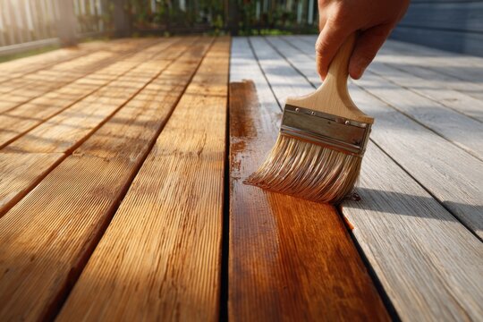 Person applying protective wood stain on a wooden outdoor deck with a brush during a sunny day renovation project