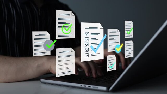 Businessman in computer doing online data documentation checklist survey. Fast checklist,clipboard task business management.Productivity checklist and filling survey form online.	
