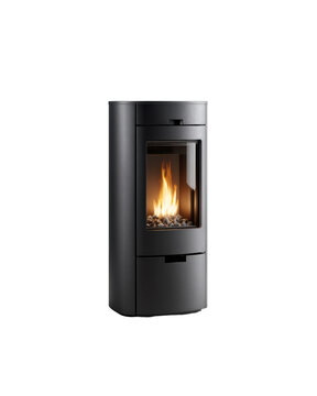 Modern black freestanding pellet stove heater with glass firebox and visible flame isolated