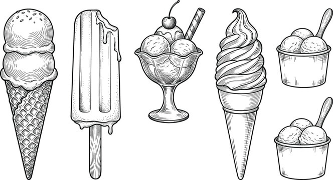 Retro monochrome summer dessert icons bundle with detailed gelato scoops melting ice pop cherry topping and paper cups for cafe menu design layout